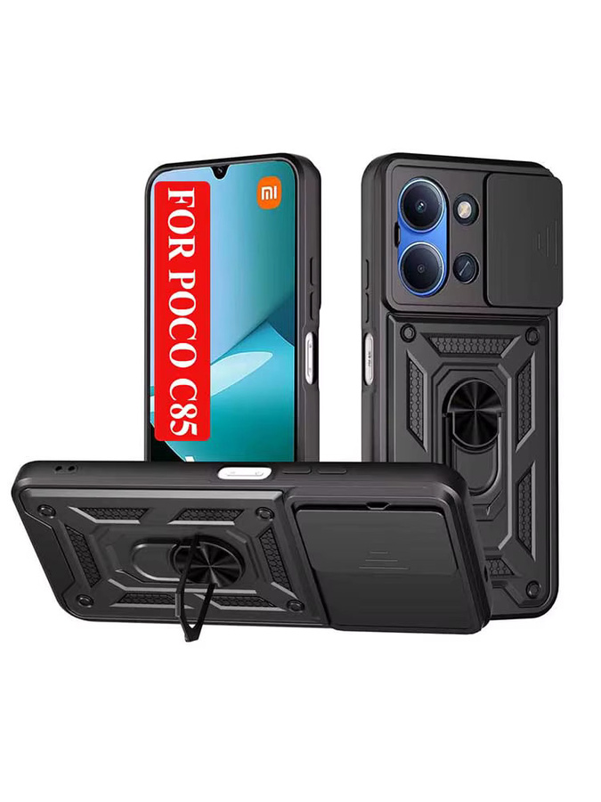 Stoßfeste Rüstung-Schutzhülle für Xiaomi Mi POCO C85 mit Kameraobjektiv-Schutz und Auto-Halterung in Schwarz - Bild 6