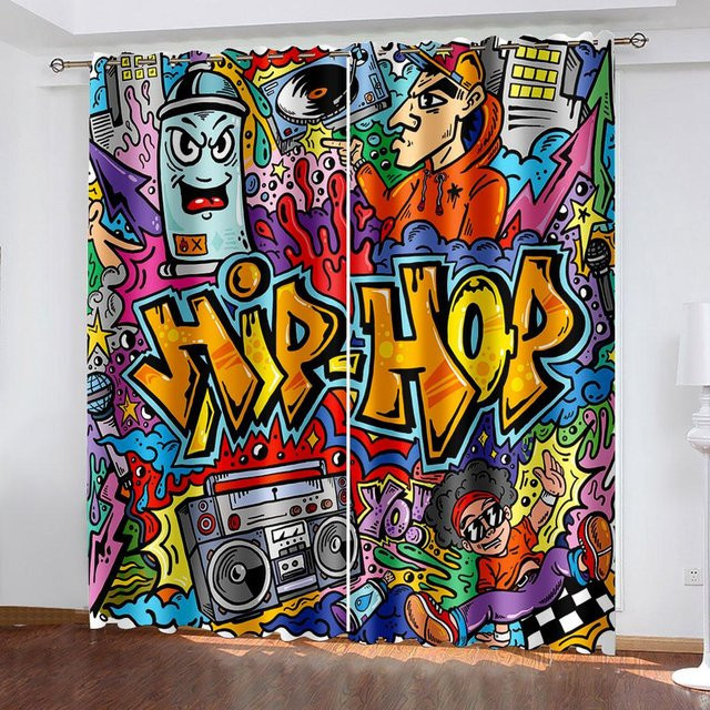 Abstrakter Graffiti Vorhang mit 3D-Digitaldruck für Wohnzimmer und Schlafzimmer, Super Six, Mehrfarbig, B: 208 cm, H: 208 cm - Bild 1