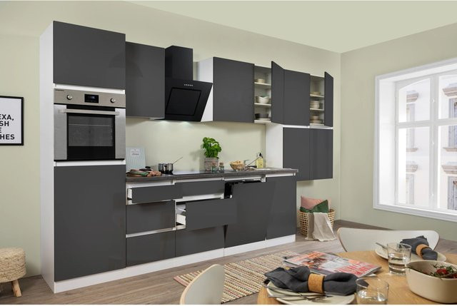 Respekta Küchenzeile GLRP380HWG in Grau Hochglanz und Weiß mit Granit-Optik, Breite: 380 cm, Höhe: 220,5 cm, Tiefe: 60 cm - Bild 1