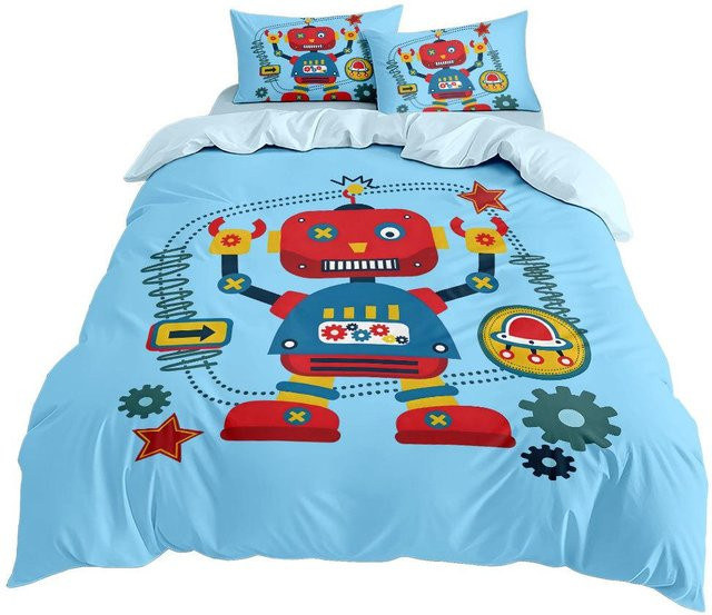 Flylo Bettwäsche Set mit Roboter-Cartoon-Motiv für Kinder, Blau, 2-teilig, B/H: 135 x 100 cm - Bild 1