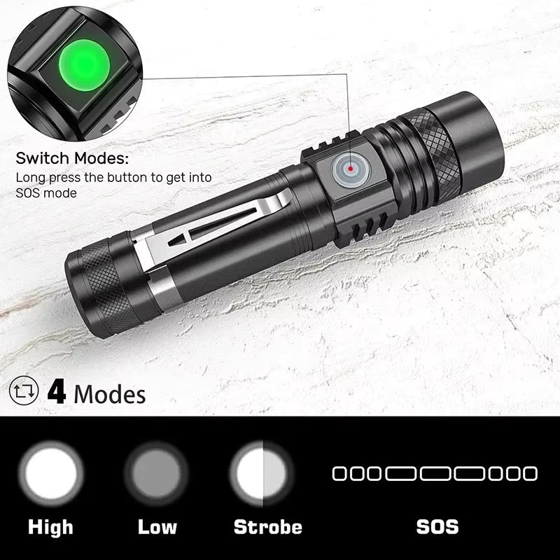 XIWANGFIRE Hochleistungs-LED-Taschenlampe in Schwarz mit Zoomfunktion, wasserdicht und USB-ladbar - Bild 3