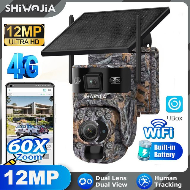 SHIWOJIA 6K 12MP Solar-Überwachungskamera mit 4G und WLAN, 60X Zoom, 360° Sichtfeld, Nachtsicht und PIR-Bewegungserkennung für den Außenbereich - Bild 1