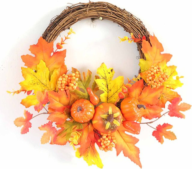 Herbstkranz von OutsideWorld mit Kürbissen und Ahornblättern in Orange, Durchmesser: 30,48 cm - Bild 1