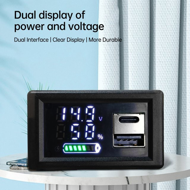 Voktta ZFX-3079 Universal LED Dual Digital Display Voltmeter mit USB Typ-C Anschluss, Schwarz, DC 9~24V Leistungsanzeige für Säurebatterien und Lithium-Akkus - Bild 1