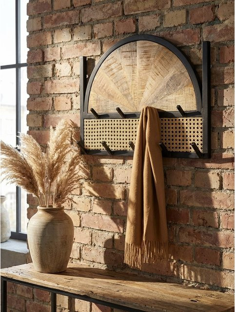 Wandgarderobe KADIMA DESIGN aus Mango Massivholz und Rattan in Braun mit Metallrahmen, B/H/T: 53 x 40 x 7,5 cm - Bild 1