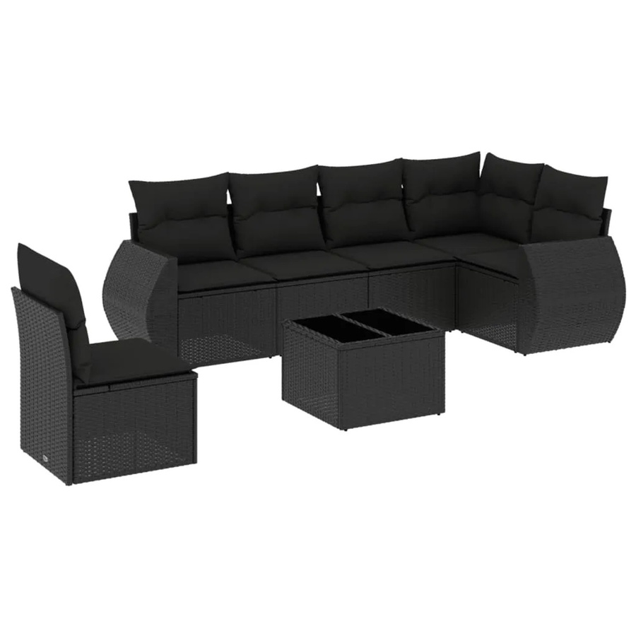 vidaXL 7-teilige Garten-Sofagarnitur in L-Form aus schwarzem Poly-Rattan mit Kissen und pulverbeschichtetem Stahlgestell - Bild 2