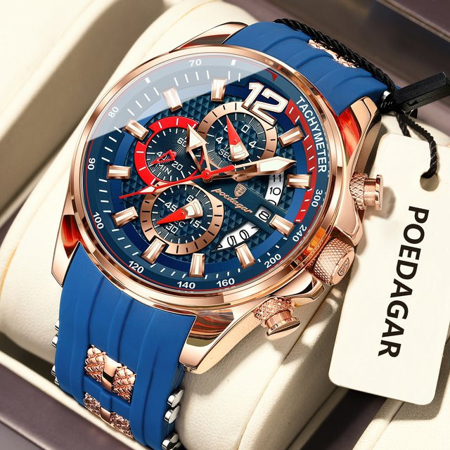 POEDAGAR Chronograph Armbanduhr, Quarz, Silikon, Schwarz, Herren - Bild 1
