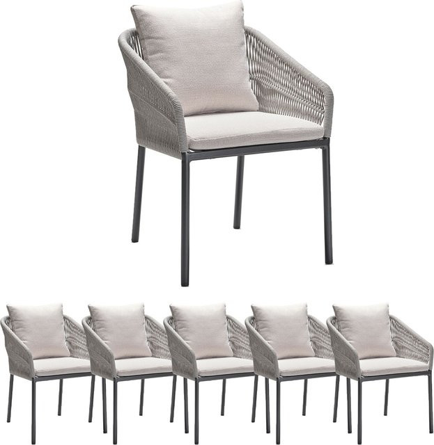6er Set Stern Stapelsessel Jella aus Aluminium in Anthrazit Matt mit Kordel Stone und Kissenset aus 100% Polyacryl in Vanilla - Bild 1