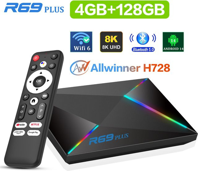Janmifly R69PLUS Android 14 TV-Box Global Version, Allwinner H728 Octa-Core, 4GB RAM, 128GB ROM, Ultra HD 4K 8K, Bluetooth 5.0 und WLAN, Schwarz - Bild 1