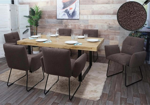 2er-Set MCW Esszimmerstuhl K34 mit Armlehnen aus braunem Bouclé Stoff und Metall im Lounge-Stil - Bild 1