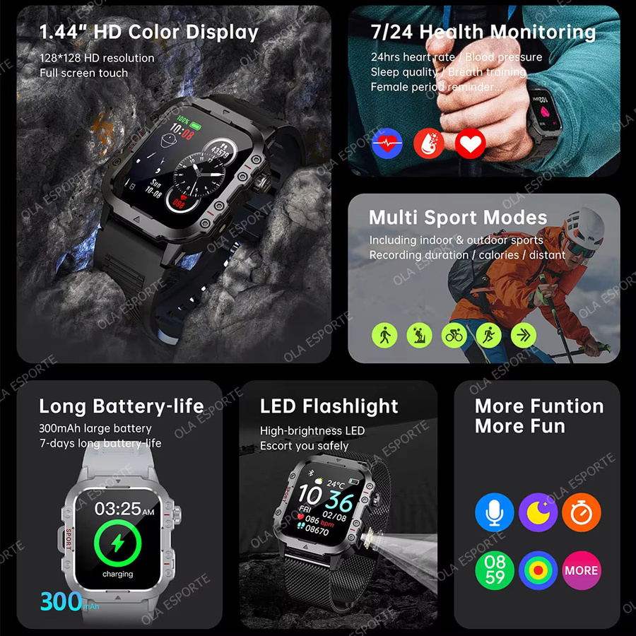 Ola Esporte Hw12 Outdoor-Smartwatch in Schwarz und Silber mit Militärqualität, LED-Taschenlampe, IP68 Wasserdichtigkeit, Bluetooth-Anruffunktion und über 100 Sportmodi - Bild 2