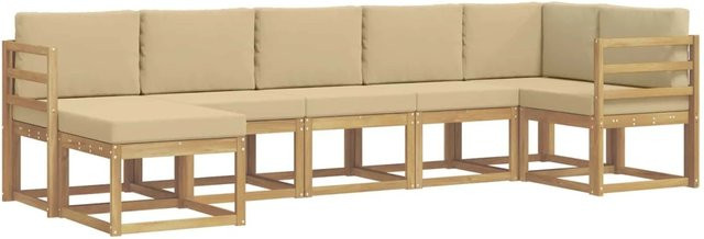 vidaXL Outdoor-Sofagarnitur 7-teilig in L-Form aus Akazienholz mit Kissen in Weiß und Beige - Bild 1