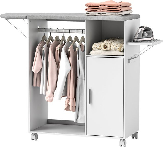 HOMCOM Mobiles Bügelbrett aus Spanplatte mit Leinenstoff-Ablagefläche, 3 Würfelregalen und Aufhängung, Weiß, B/T/H: 127 x 42,5 x 99 cm - Bild 1