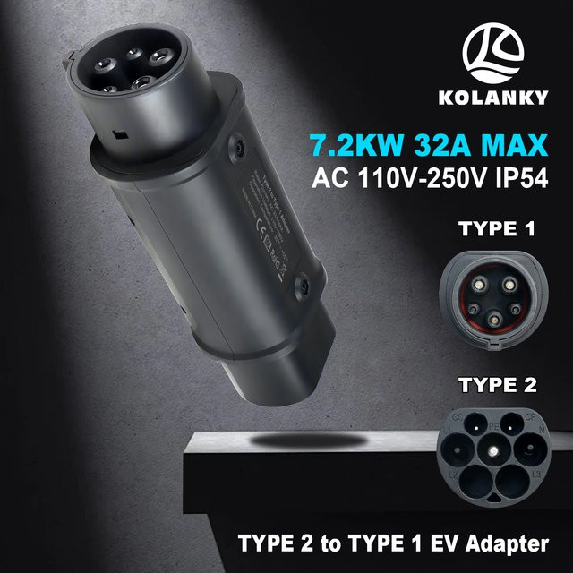 Kolanky EV Ladegerät Adapter IEC62196 Typ 2 auf Typ 1, 32A 1-Phase, max. 7,2 kW, Farbe: Schwarz - Bild 1