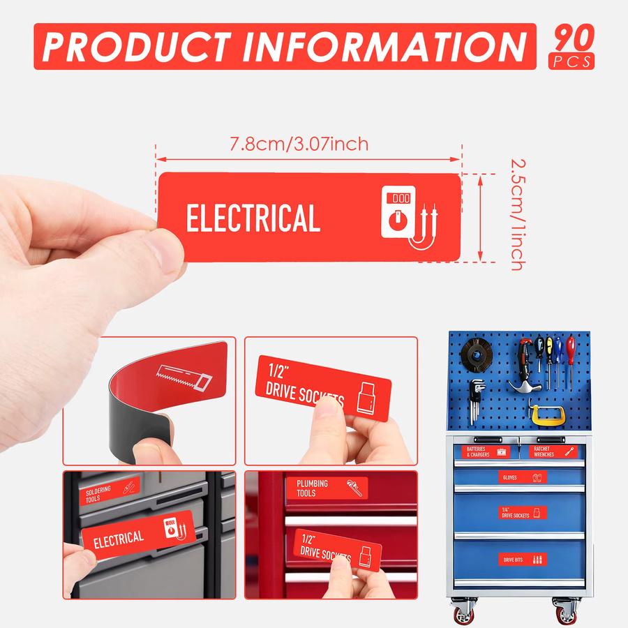 90 Stück magnetische Werkzeugkasten-Etiketten in Rot zur Organisation von Werkzeugkästen und Schubladen - Bild 2