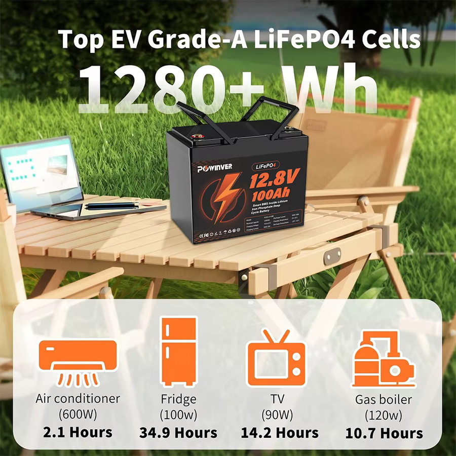 POWINVER LiFePO4 Lithium-Eisenphosphat-Batterie 12,8V 100Ah mit integriertem Smart BMS in Schwarz für Solarsysteme, Wohnmobile, Boote und Marine - Bild 4