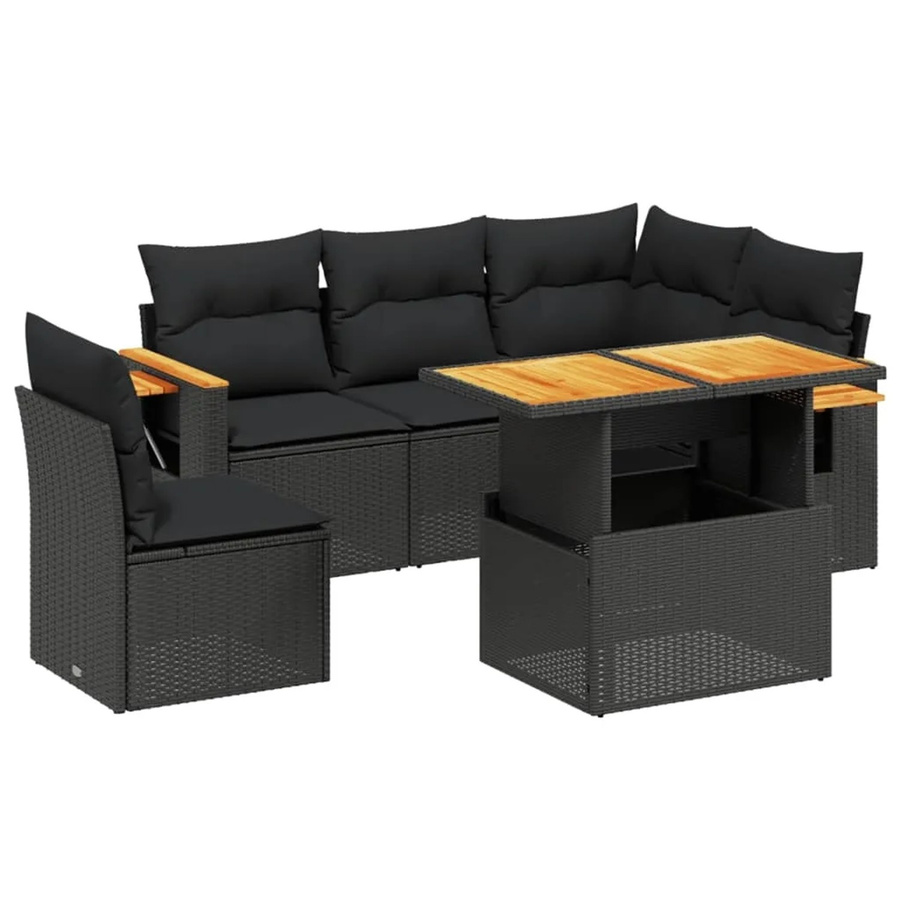 vidaXL 6-teilige Garten-Sofagarnitur in L-Form aus schwarzem Poly-Rattan mit Kissen und Akazienholz - Bild 2