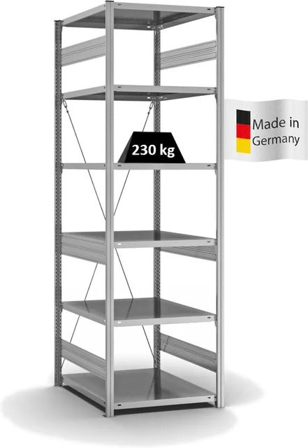 PROREGAL Fachbodenregal Stecksystem T-Profil Medium-Duty, 6 Ebenen, verzinkt, Farbe: Silber, H x B x T: 250 x 75 x 80 cm - Bild 1