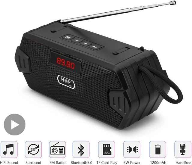 Tragbarer AyeBeau Bluetooth Lautsprecher mit FM Radio und Aux Anschluss, Outdoor Musik Sound Box mit Subwoofer und Bass, erhältlich in Blau oder Schwarz - Bild 1