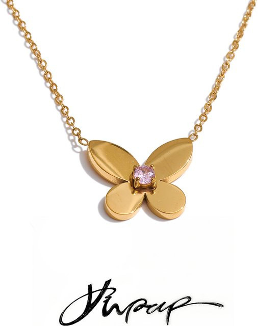 Yhpup Halskette, Edelstahl, Gold, Zirkonia, Schmetterlingsanhänger, Damen - Bild 1