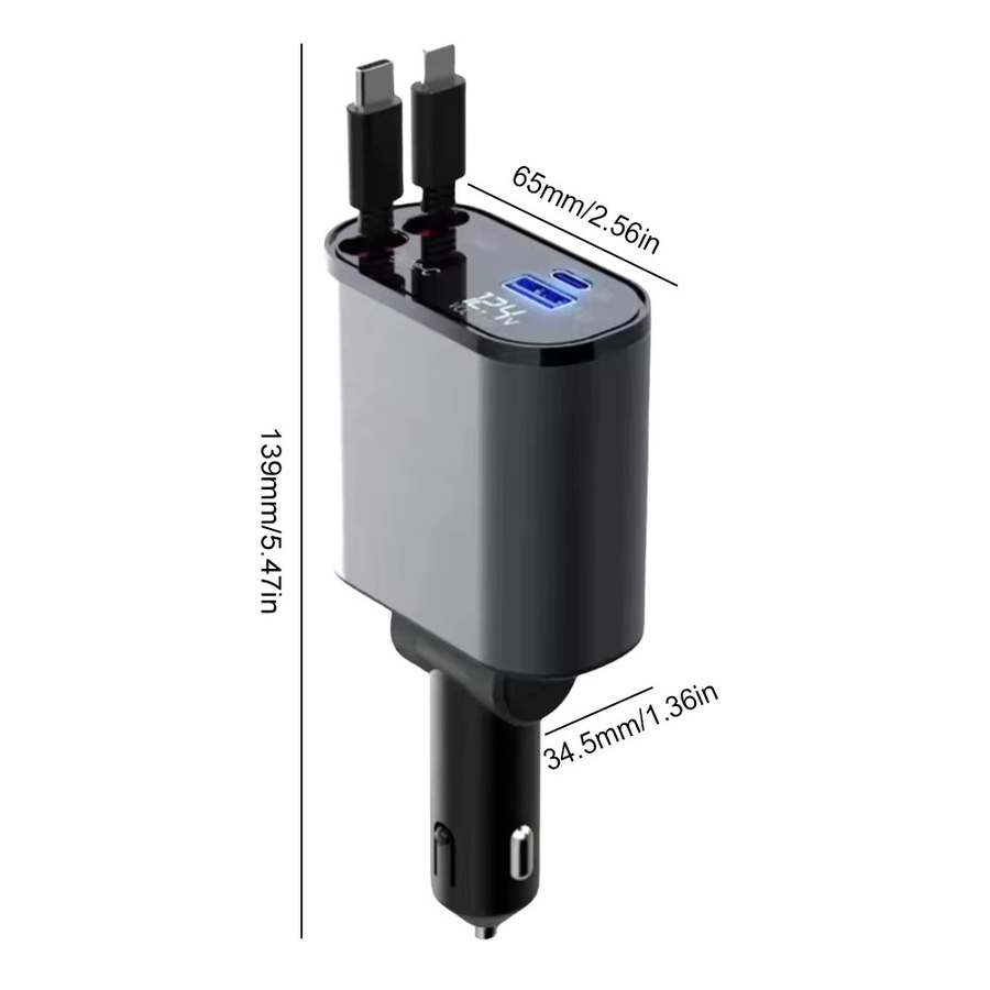 4 in 1 Einziehbares Auto Ladegerät mit 120W Schnellladefunktion, USB-C Kabel für iPhone, Huawei und Samsung, Zigarettenanzünder Adapter mit PD und QC 3.0 - Bild 4