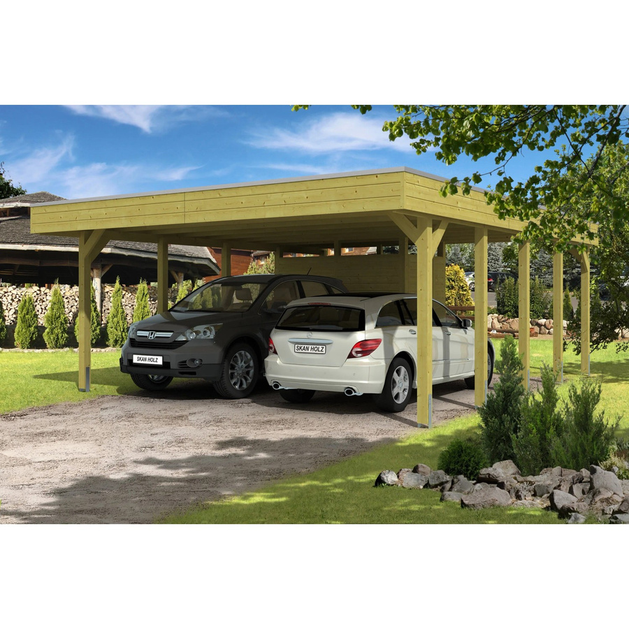 Skan Holz Flachdach-Doppelcarport Friesland Set 4 in Braun mit Geräteschuppen und Abstellraum, Breite: 557 cm, Tiefe: 708 cm - Bild 2