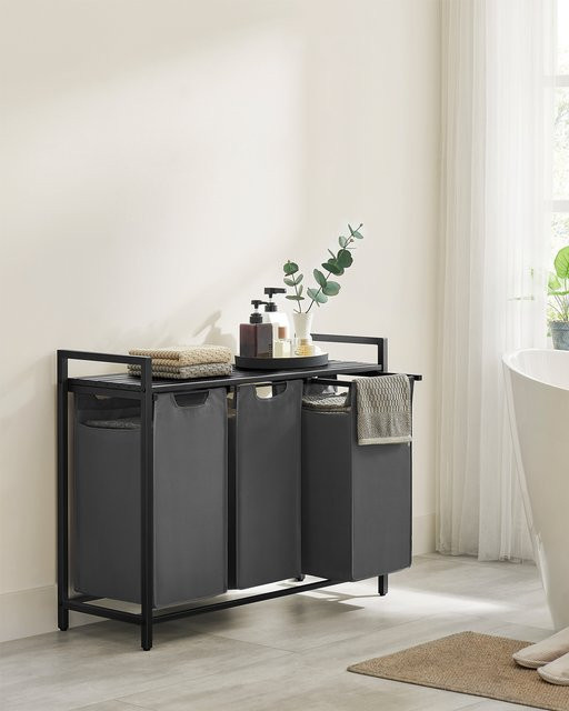 Vasagle Wäschesammler mit 3 Fächern und Ablage, Wäschekorb aus Stoff und Stahl, Schwarz-Grau, B/T/H: 92,5 x 33 x 72 cm - Bild 1