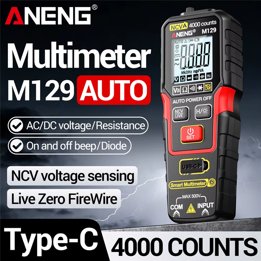 ANENG M129 Digitales Multimeter mit 4000 Anzeigen, 500V AC/DC Spannung, NCV-Funktion, Widerstandsmessgerät mit Taschenlampe und Hintergrundbeleuchtung in Rot und Schwarz - Bild 2