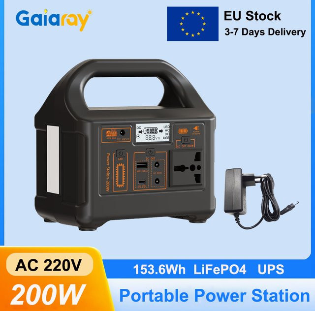 Gaiaray Tragbares Kraftwerk 200 W mit 153,6 Wh LiFePO4-Batterie, Solargenerator und Ladestation in Schwarz - Bild 1