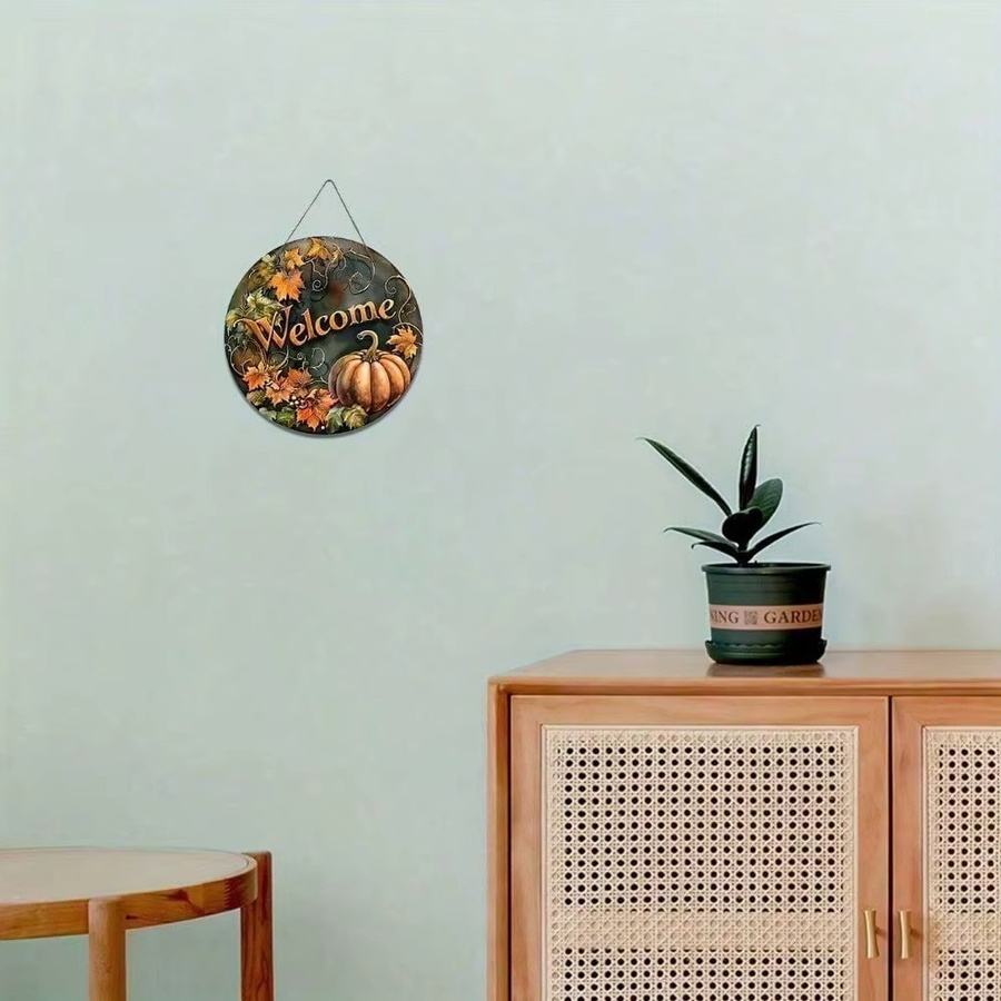 CIFBUY Vintage Farmhaus Willkommensschild aus Holz und Metall mit floralem Herbst-Design und Blättern, Rund, Mehrfarbig - Bild 2