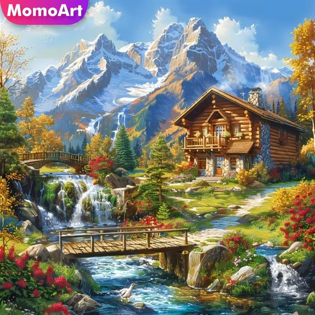 Momoart DIY Diamant-Stickerei Set Hauslandschaft mit Fluss und Bergen, Vollquadrat Runde Diamant-Mosaik Malerei zur Dekoration, B/H: 20 x 20 cm - Bild 1