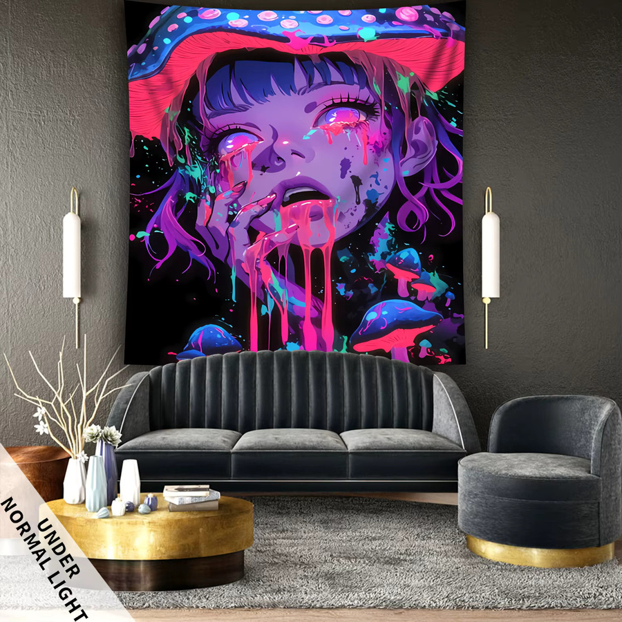 VIKAMA Wandteppich Pilz Mädchen mit Farbverlauf und Blumen-Motiv, Boho Fantasy Kunst für Schlafzimmer und Wohnzimmer, Mehrfarbig - Bild 2