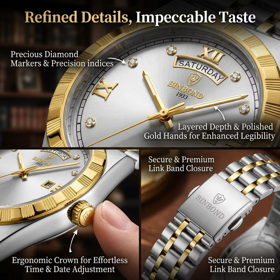 BINBOND Armbanduhr, Quarz, Edelstahl, Bicolor, Gold, Herren - Bild 2