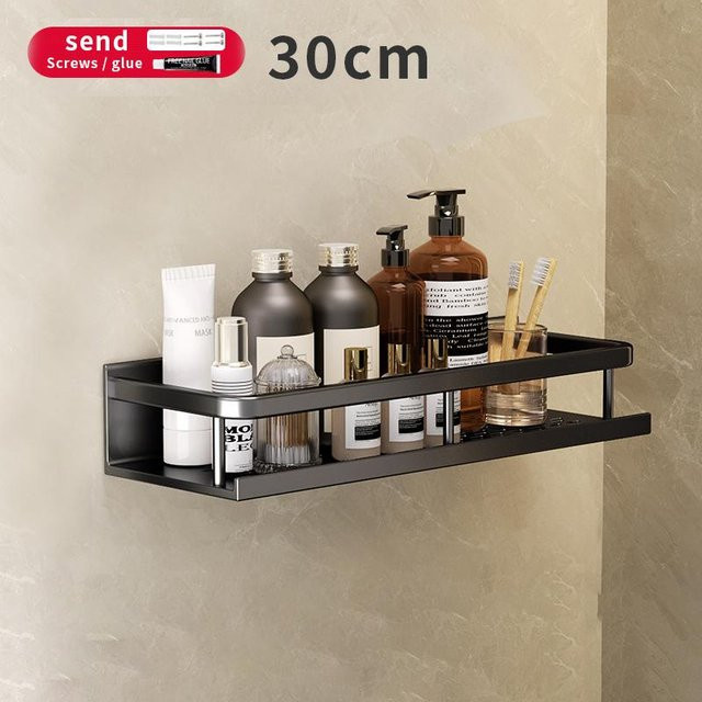 Yiran Furniture Wandregal aus Aluminium für Badezimmer und Make-up, Bohrlos, Schwarz Matt - Bild 1