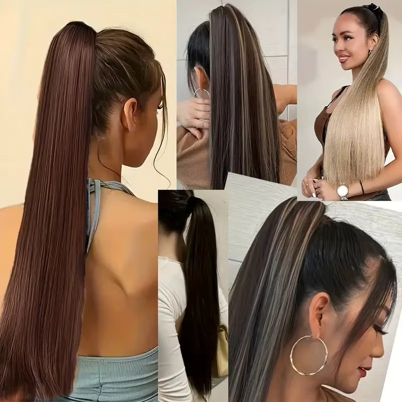 Haarverlängerung Pferdeschwanz, synthetisch, lang, glatt, schwarz braun, Damen - Bild 6