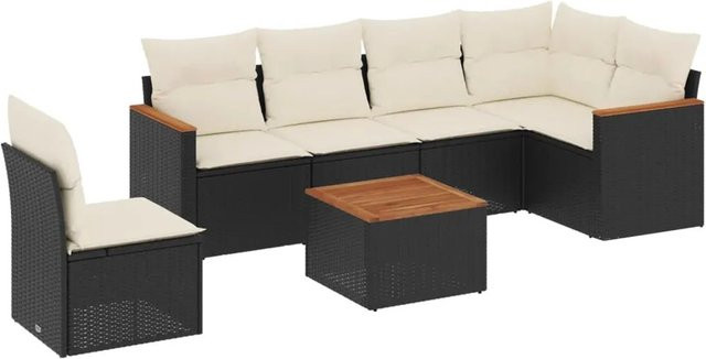 vidaXL 7-teilige Garten-Sofagarnitur aus Poly-Rattan und Akazienholz in Schwarz mit Kissen - Bild 1