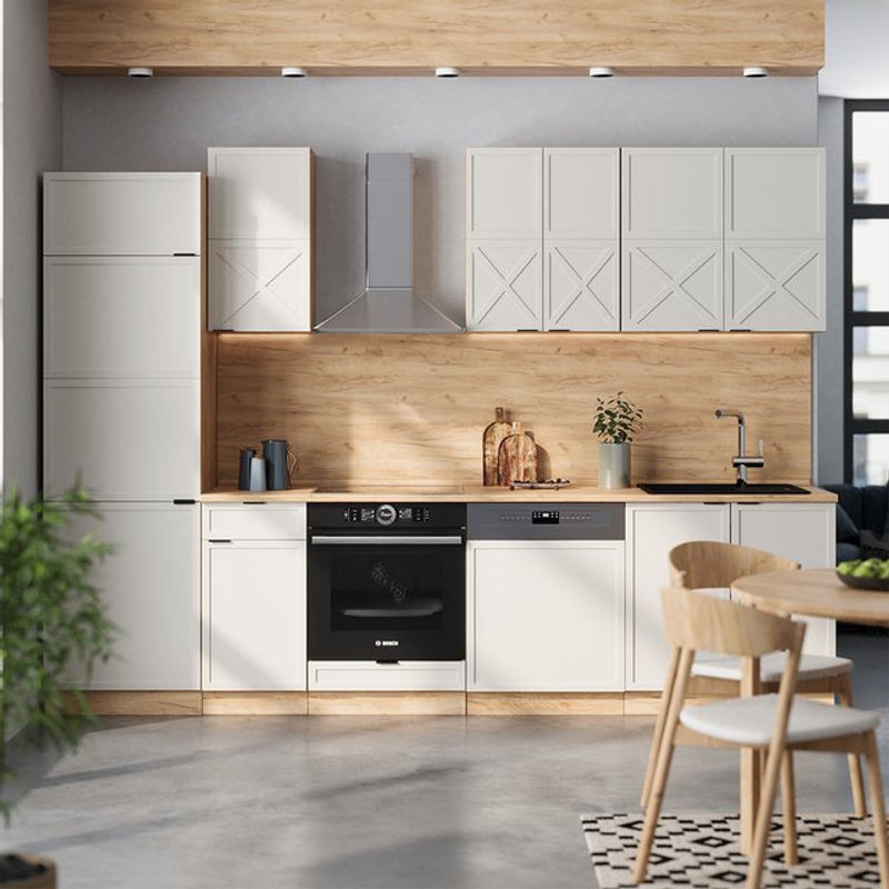 Küchenzeile Vicco Fame-line in Grau, Beige und Eiche Natur mit Marmor-Optik, Breite: 300 cm - Bild 1