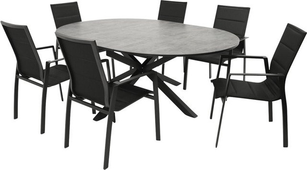 DEGAMO Gartenmöbel Garnitur LYON 7-teilig mit Ausziehtisch aus Alu und Kunstgewebe in Schwarz