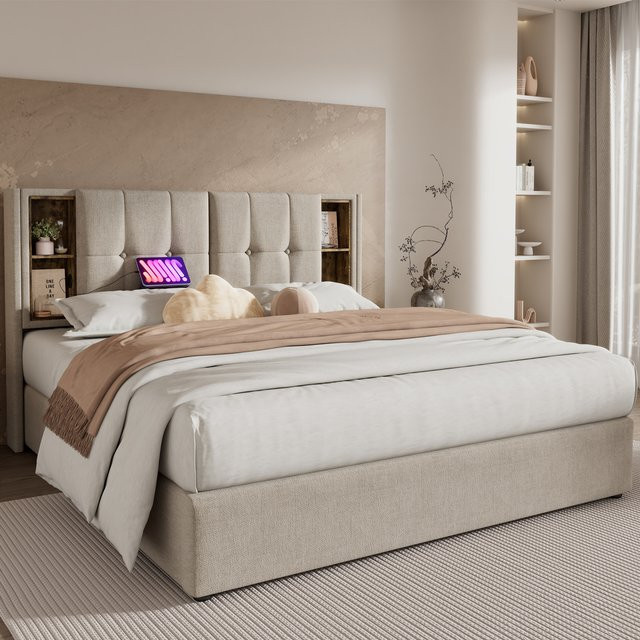 KOMHTOM Doppelbett Polsterbett aus Leinen in Beige mit USB-C Ladefunktion, Stauraum und Holz-Lattenrost, B/T/H: 90 x 200 cm - Bild 1