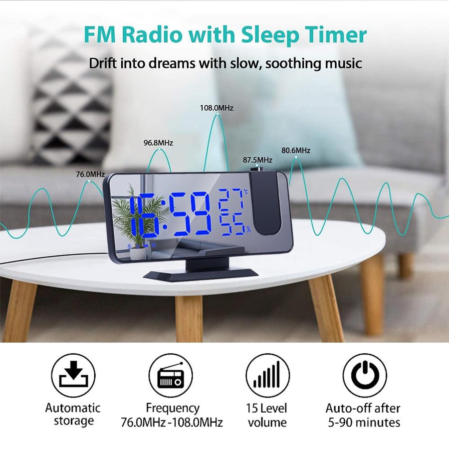 ZCXU LED Digital Projektionswecker mit FM-Radio in Schwarz und Blau - Bild 10