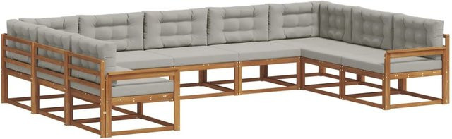 vidaXL Outdoor-Sofagarnitur 9-teilig aus massivem Akazienholz in U-Form mit Kissen, Farbe: Grau und Natur - Bild 1