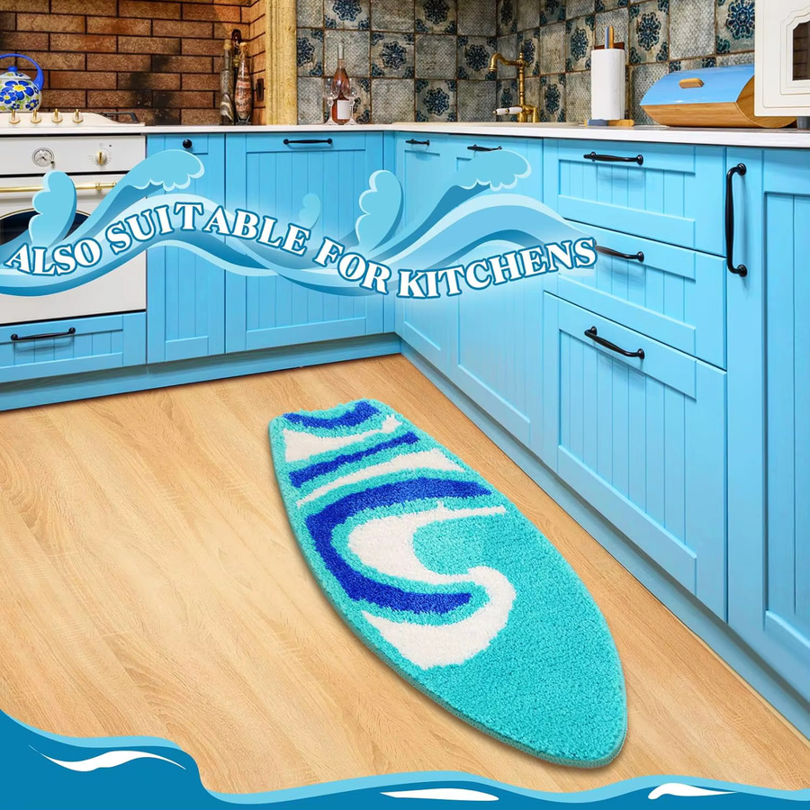 VIKAMA Sommer-Surfbrett-Designmatte in Blau, rutschfeste und schmutzabweisende Dekomatte aus Polyester für Badezimmer, Küche und Flur - Bild 2