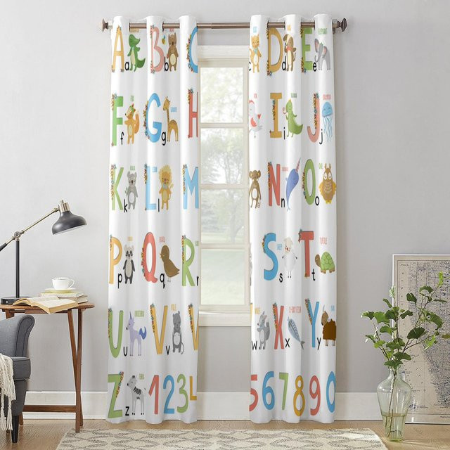 Moderne Kinder Vorhänge mit Alphabet und Tieren in Multicolour, halbtransparentes Polyester mit Ösen, Breite: 135 cm, Höhe: 92 cm - Bild 1