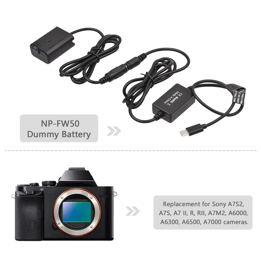 Arealer USB-C-Kabel zu NP-FW50 Dummy-Akku DC-Koppler Ersatz in Schwarz für Sony A7S2 A7S A7 II R RII A7M2 A6000 A6300 A6500 A7000 - Bild 4