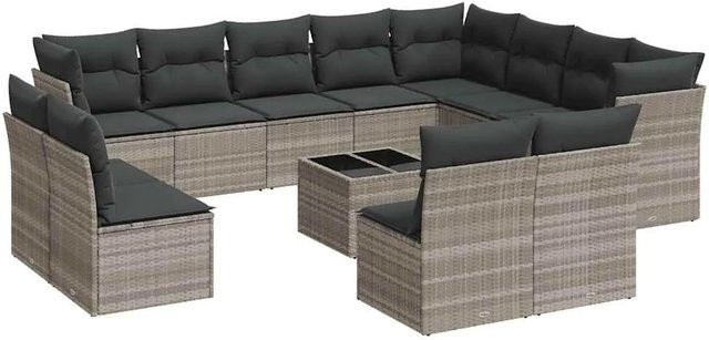 vidaXL 13-tlg. Garten-Sofagarnitur in Hellgrau aus Poly-Rattan mit L-Form und Kissen inklusive Gartentisch - Bild 1