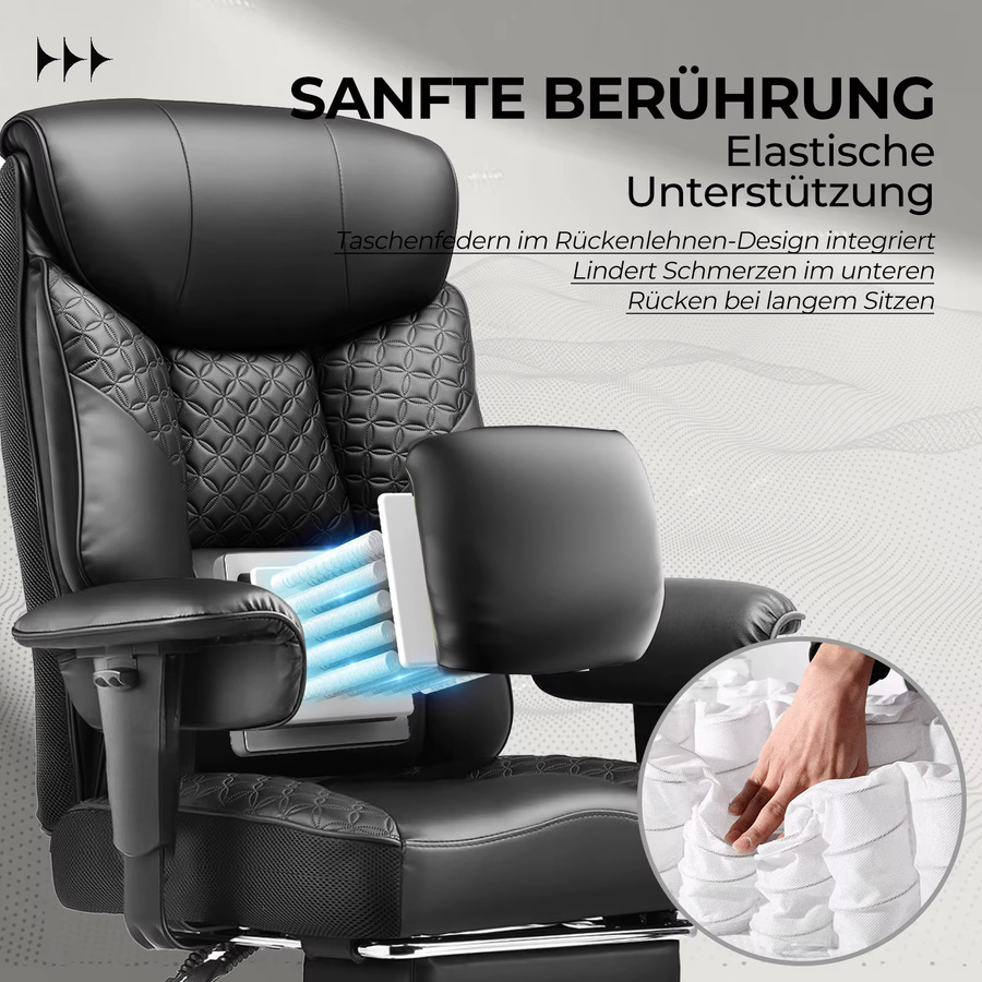 COMHOMA Gaming Stuhl in Schwarz, ergonomischer Bürostuhl mit Fußstütze und Kopfstütze für große und schwere Personen bis 180 kg, verstellbares Design mit 3D Sitzkissen und Armlehnen - Bild 4