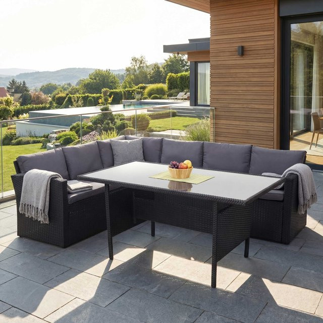 MCW Poly-Rattan Gartengarnitur A29 Lounge-Esstisch-Set in Schwarz mit dunkelgrauen Kissen - Bild 1