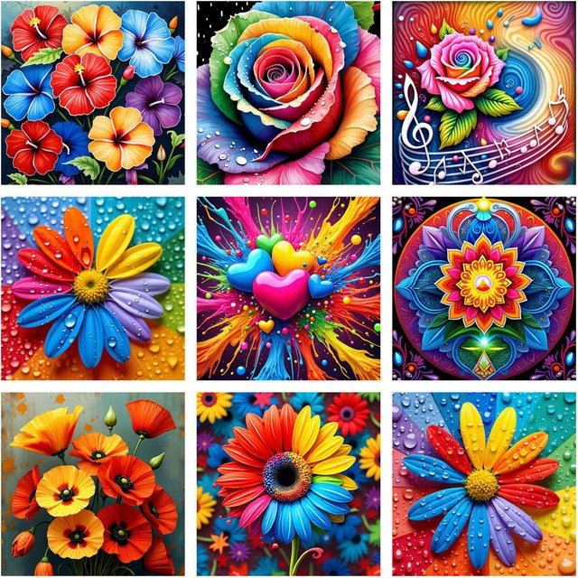 AZQSD 5D-Diamantgemälde zum Selbermachen mit buntem Hibiskus-Blumenmuster, Wandkunst Bastelset mit runden Diamanten in Multicolor, B/H/T: 20 x 20 x 20 cm - Bild 1