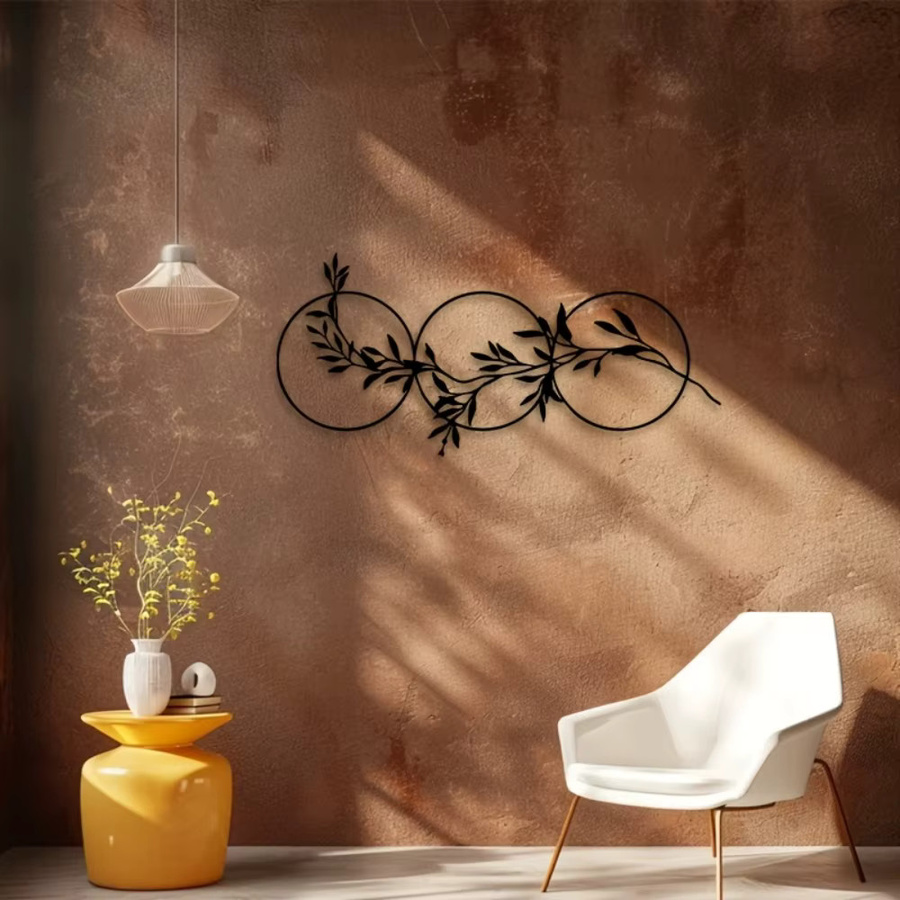 CIFBUY Vintage Wandskulptur aus Metall in Schwarz mit floralem Blätter-Design, runde botanische Metallkunst für dein Wohnzimmer, Durchmesser: 25,4 cm - Bild 3