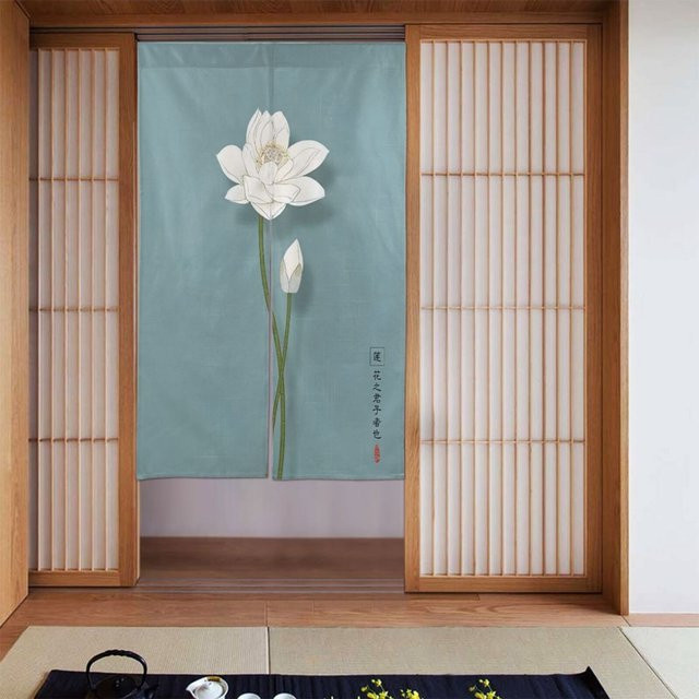 VIKAMA Zen Lotus Türvorhang mit Stange, halbtransparenter Trennvorhang mit floralem Design für Badezimmer, Schlafzimmer oder Teeraum, Farbe: nature - Bild 1